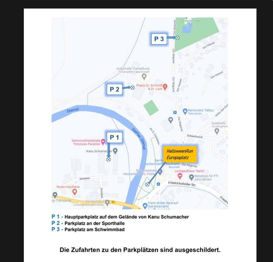 Parkübersicht zum Halloween Run mit den Parkflächen P1, P2 und P3